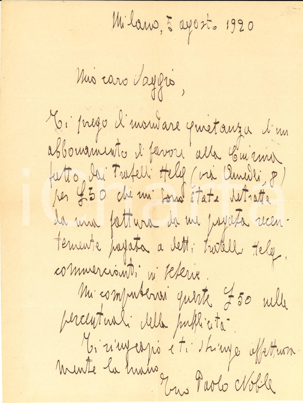 1920 ROMA Lettera poeta Paolo NOBILE per quietanza abbonamento - AUTOGRAFO