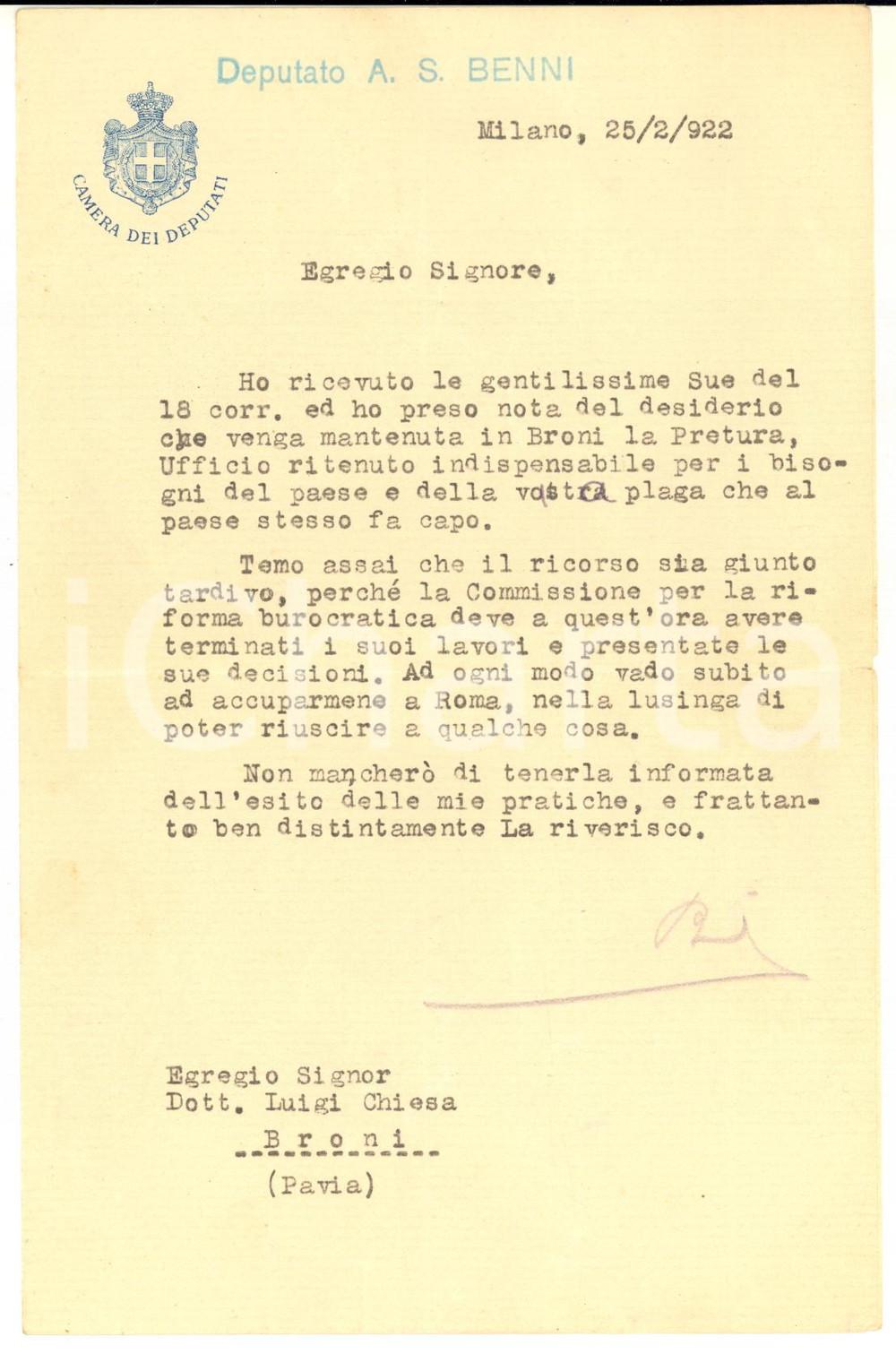 1922 MILANO Lettera on. Antonio Stefano BENNI pro Pretura di Broni - AUTOGRAFO