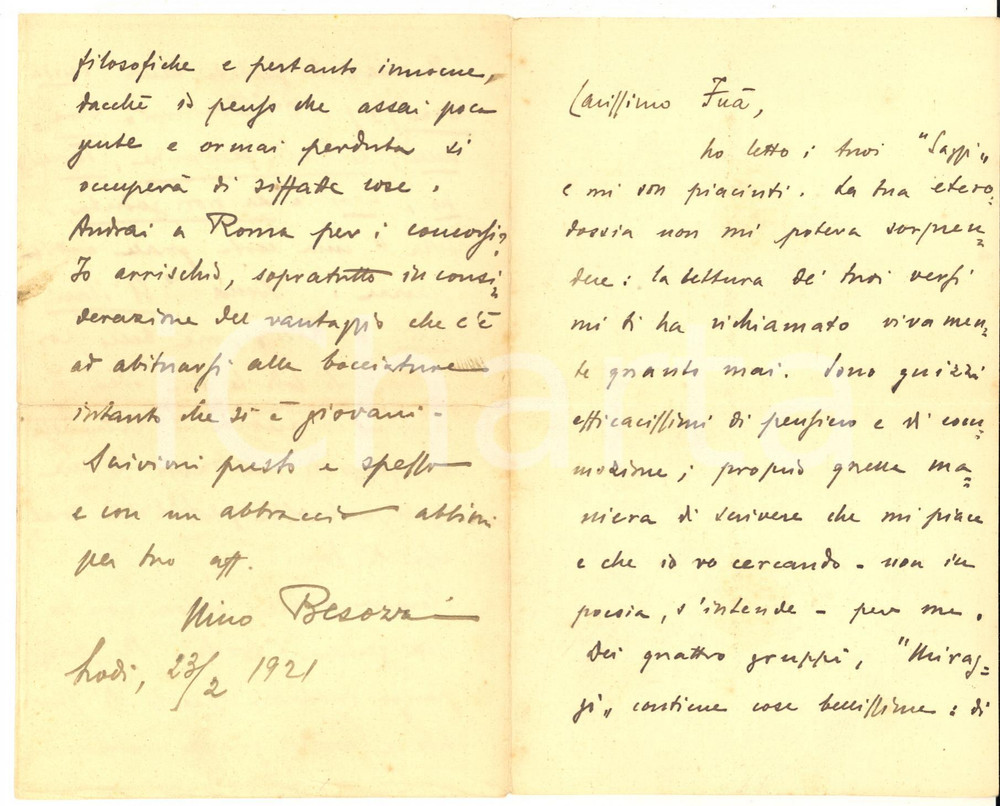 1921 LODI Lettera Nino BESOZZI sui "Saggi" di Giorgio FUA' - AUTOGRAFO
