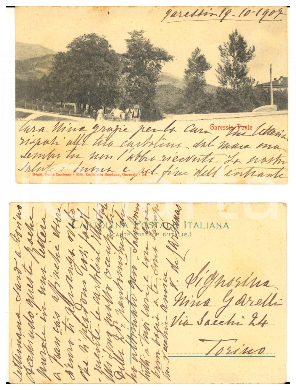 1907 GARESSIO Cartolina marchesa V. DE CARDENAS al soprano Nina GARELLI