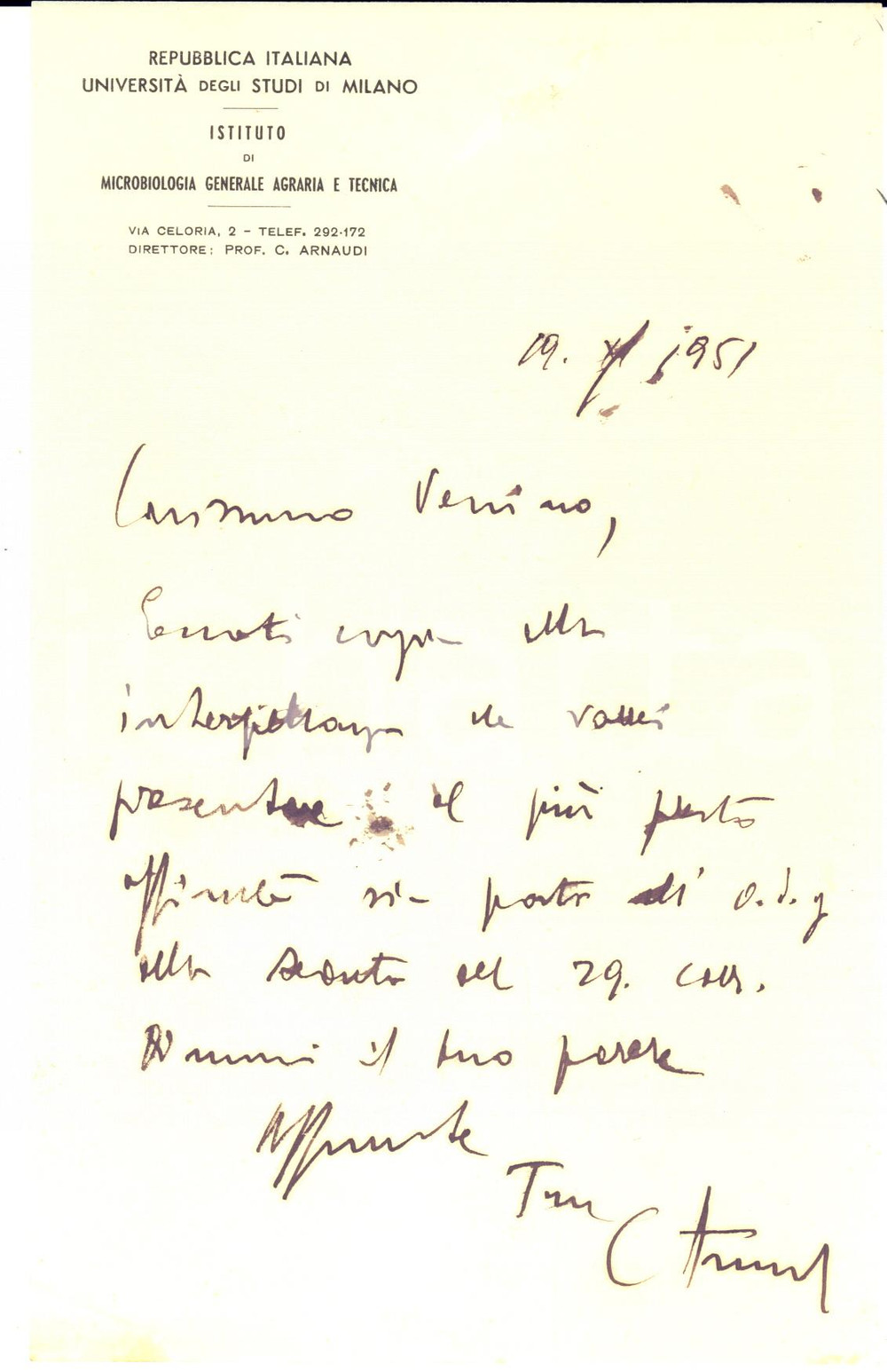 1951 MILANO Lettera Carlo ARNAUDI per invio interpellanza - AUTOGRAFO
