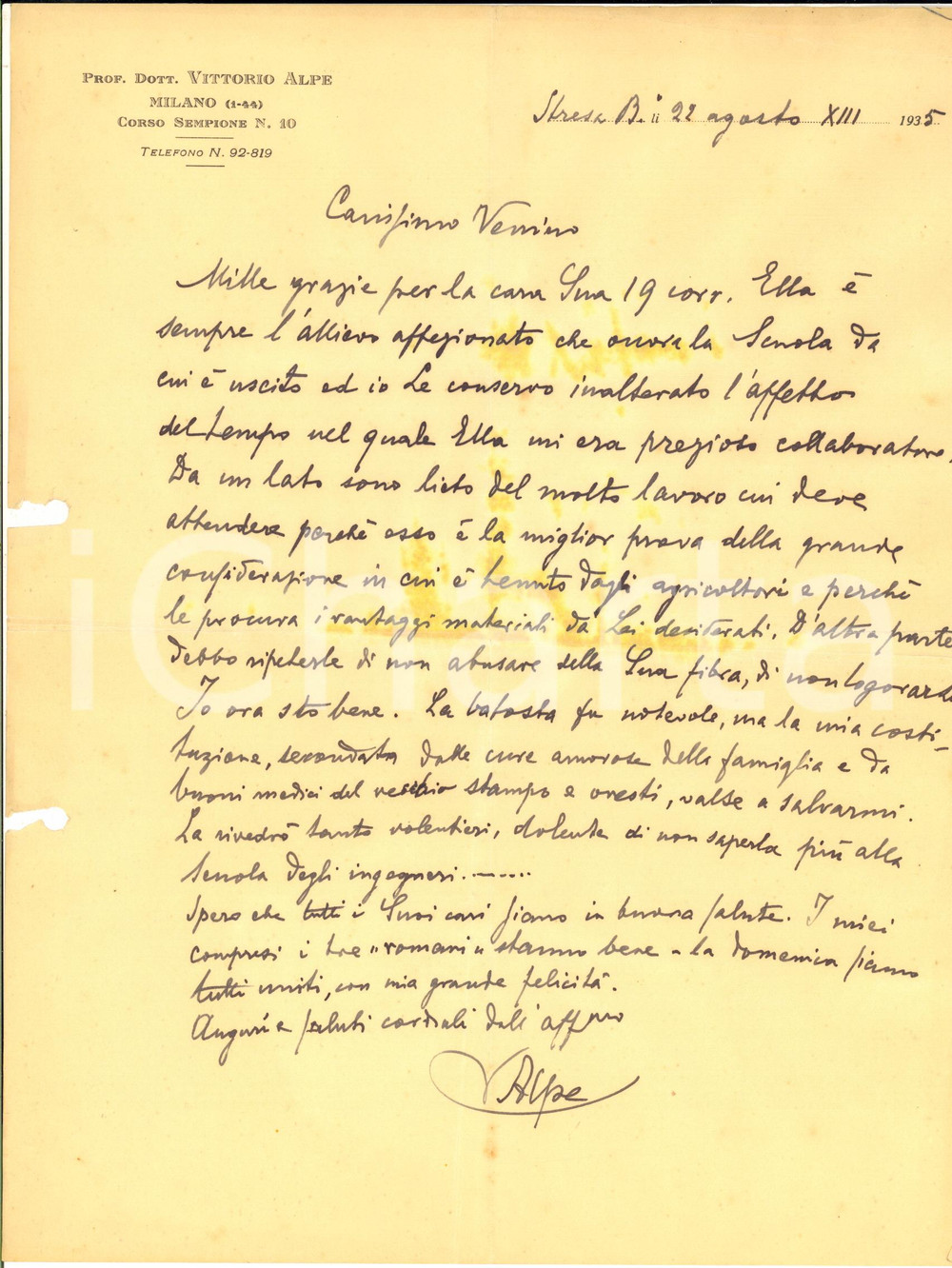 1935 STRESA Lettera agronomo Vittorio ALPE a un ex allievo - AUTOGRAFO