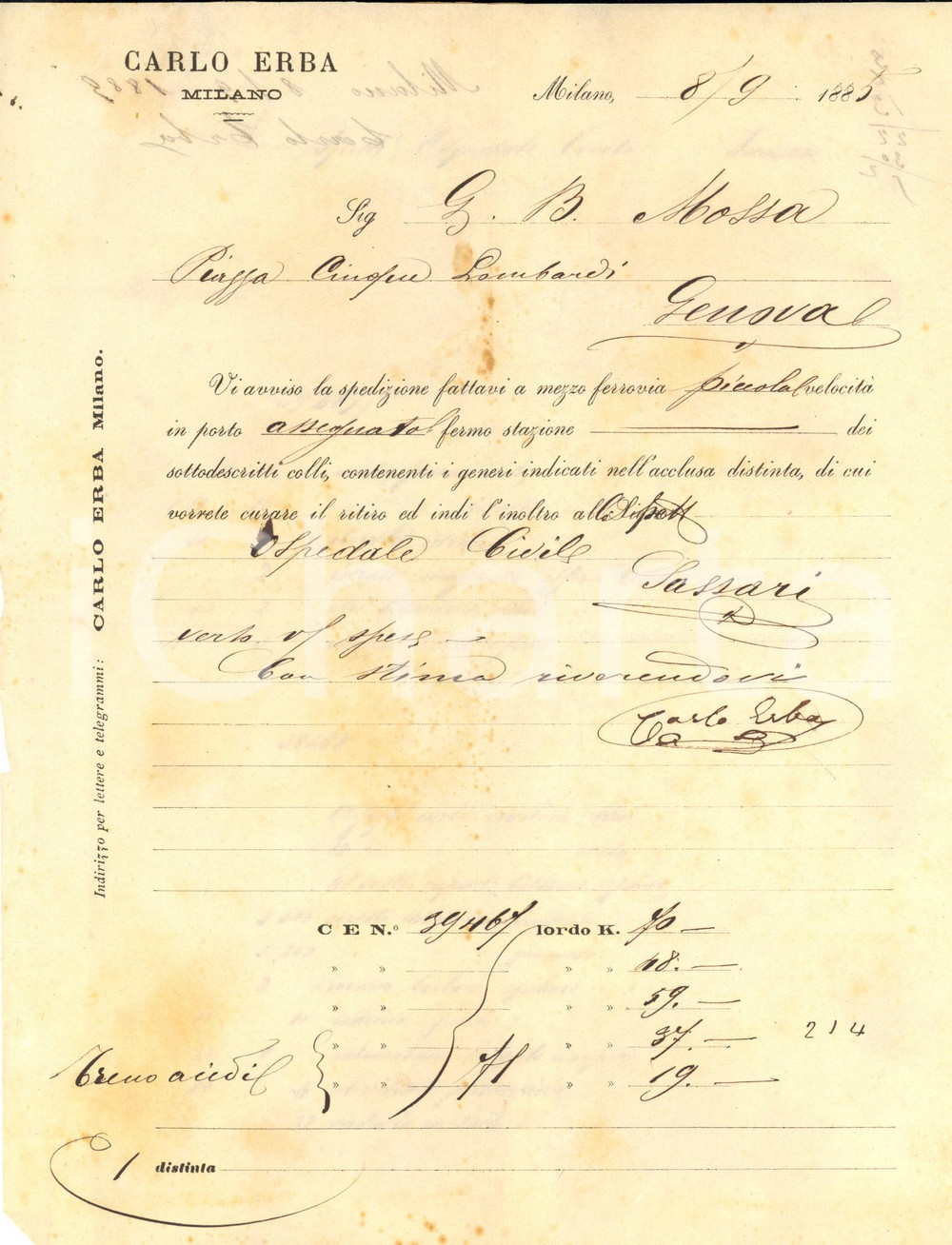 1885 MILANO Carlo ERBA imprenditore - AUTOGRAFO su nota spedizione farmaci
