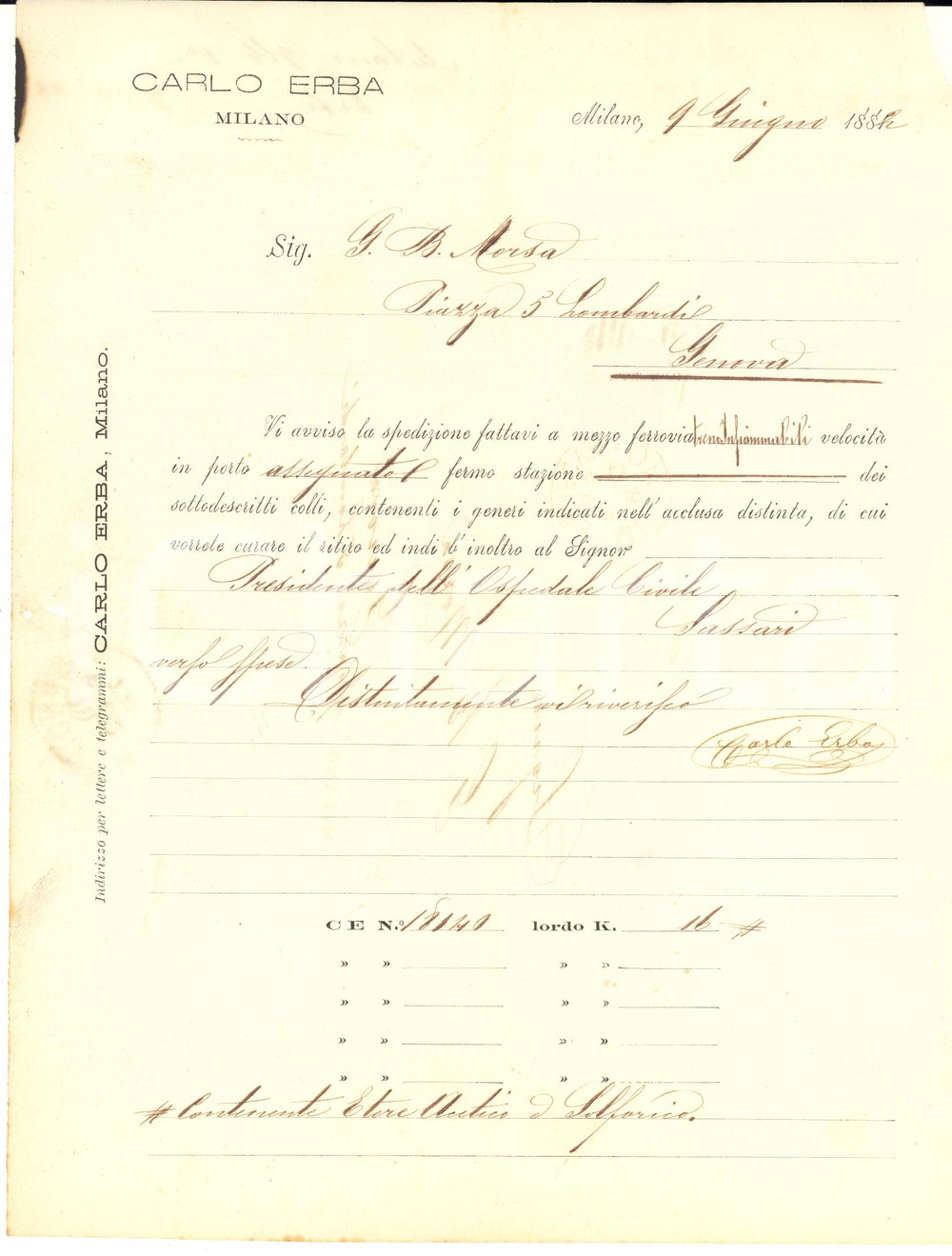 1882 MILANO Carlo ERBA imprenditore - AUTOGRAFO su nota spedizione ferroviaria