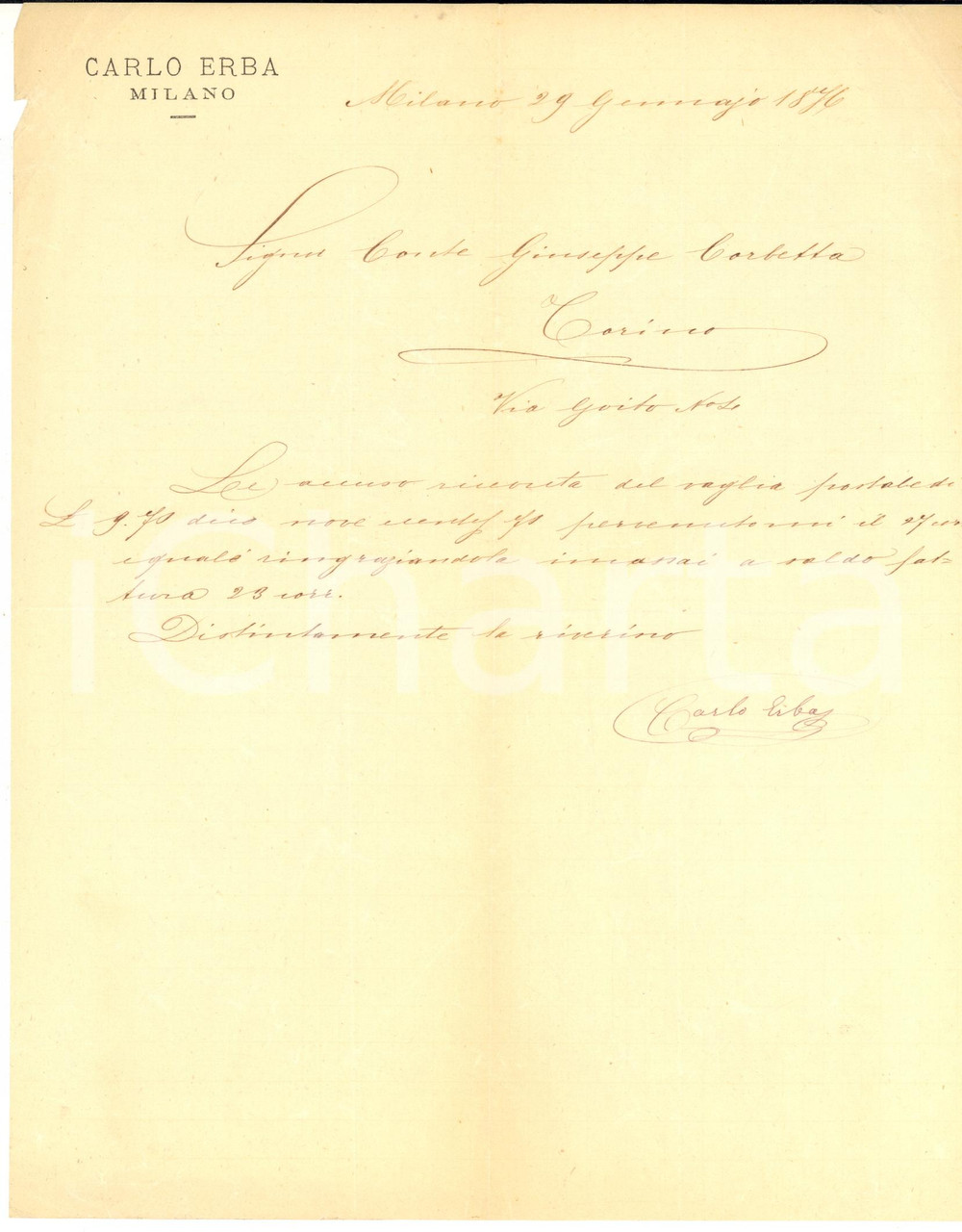1876 MILANO Carlo ERBA imprenditore - AUTOGRAFO su lettera commerciale