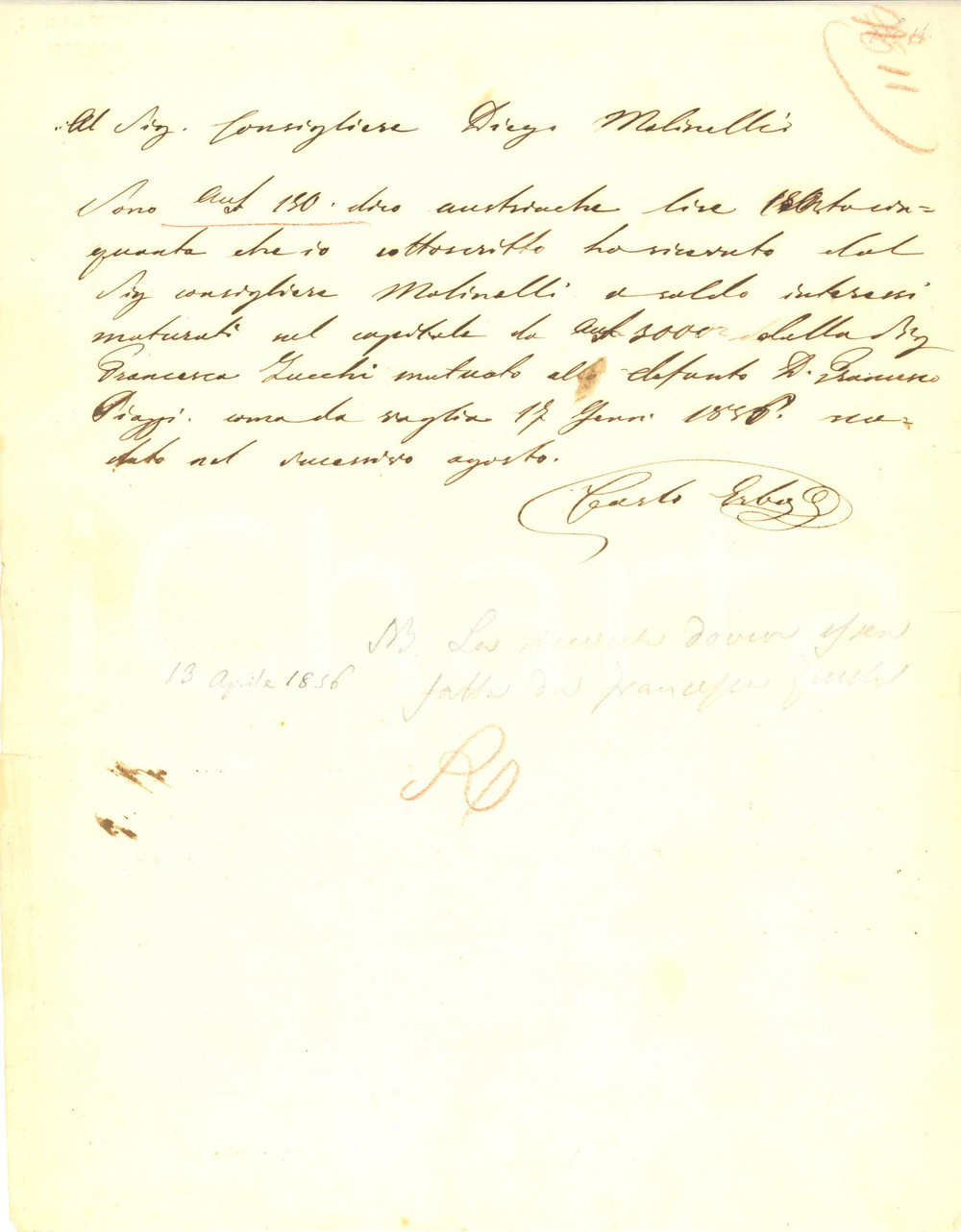1856 MILANO Farmacia di BRERA - Ricevuta Carlo ERBA imprenditore - AUTOGRAFO