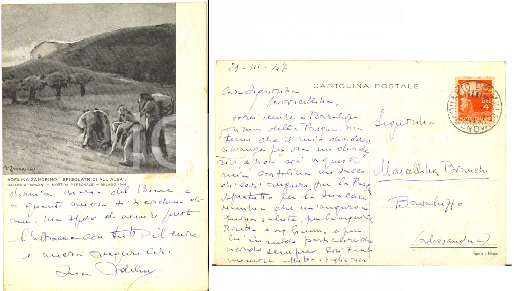 1947 Pittrice Adelina ZANDRINO - Cartolina AUTOGRAFA con "Spigolatrici all'alba"
