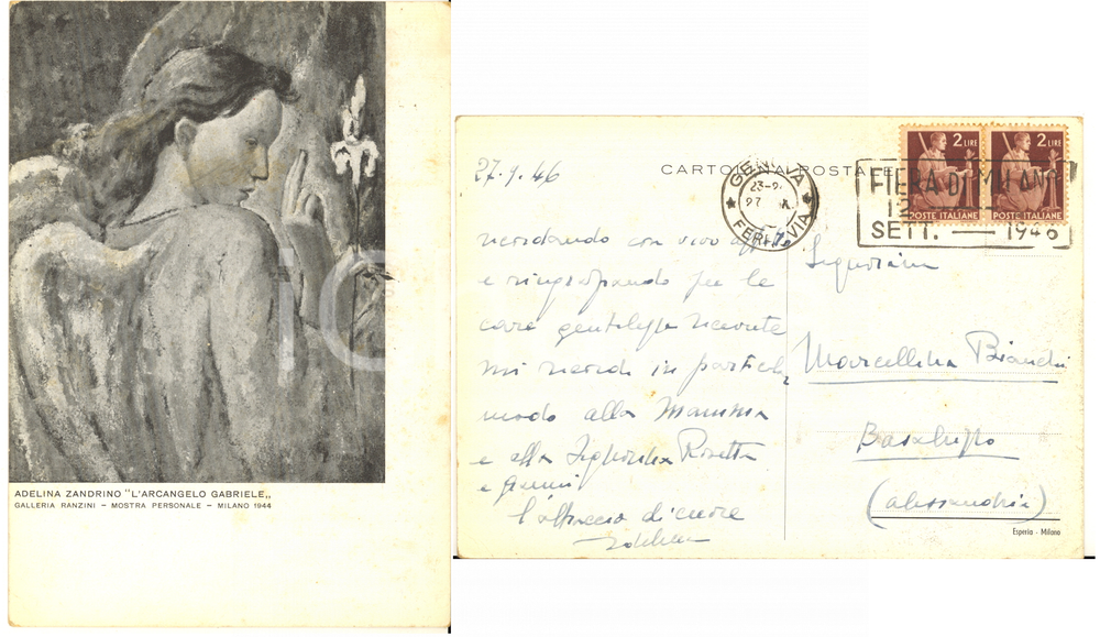 1946 Pittrice Adelina ZANDRINO - Cartolina AUTOGRAFA "L'arcangelo Gabriele"