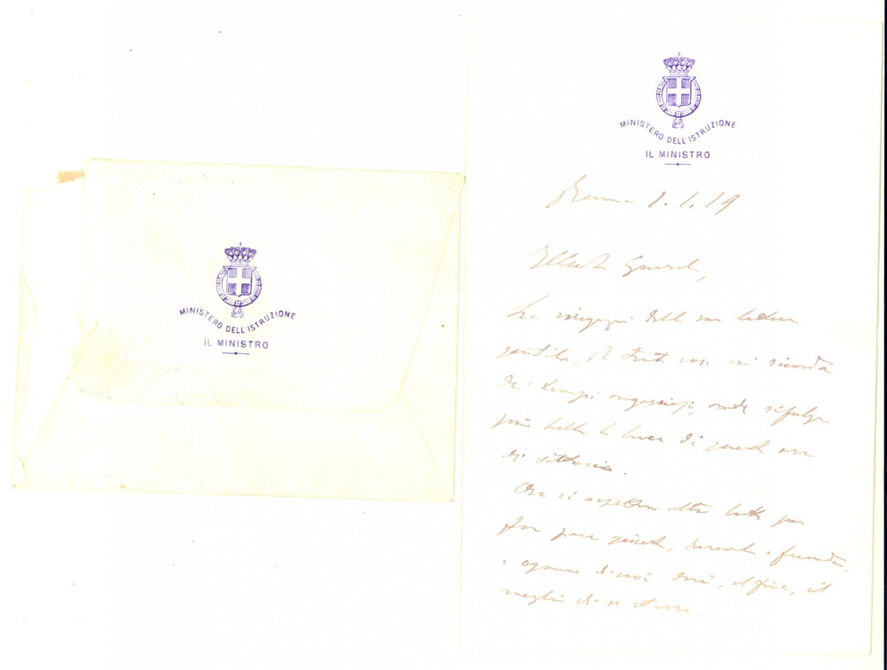 1919 ROMA Ministro Agostino BERENINI - Lettera di ringraziamento - AUTOGRAFO