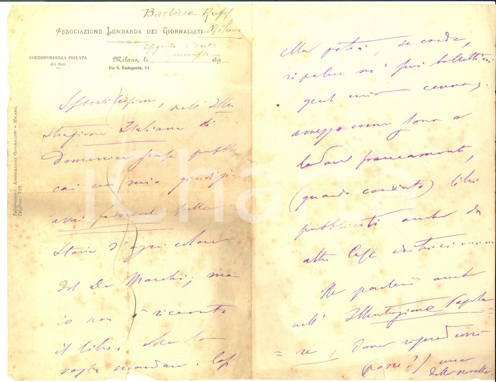 1895 MILANO Lettera Raffaello BARBIERA per recensione libro - AUTOGRAFO
