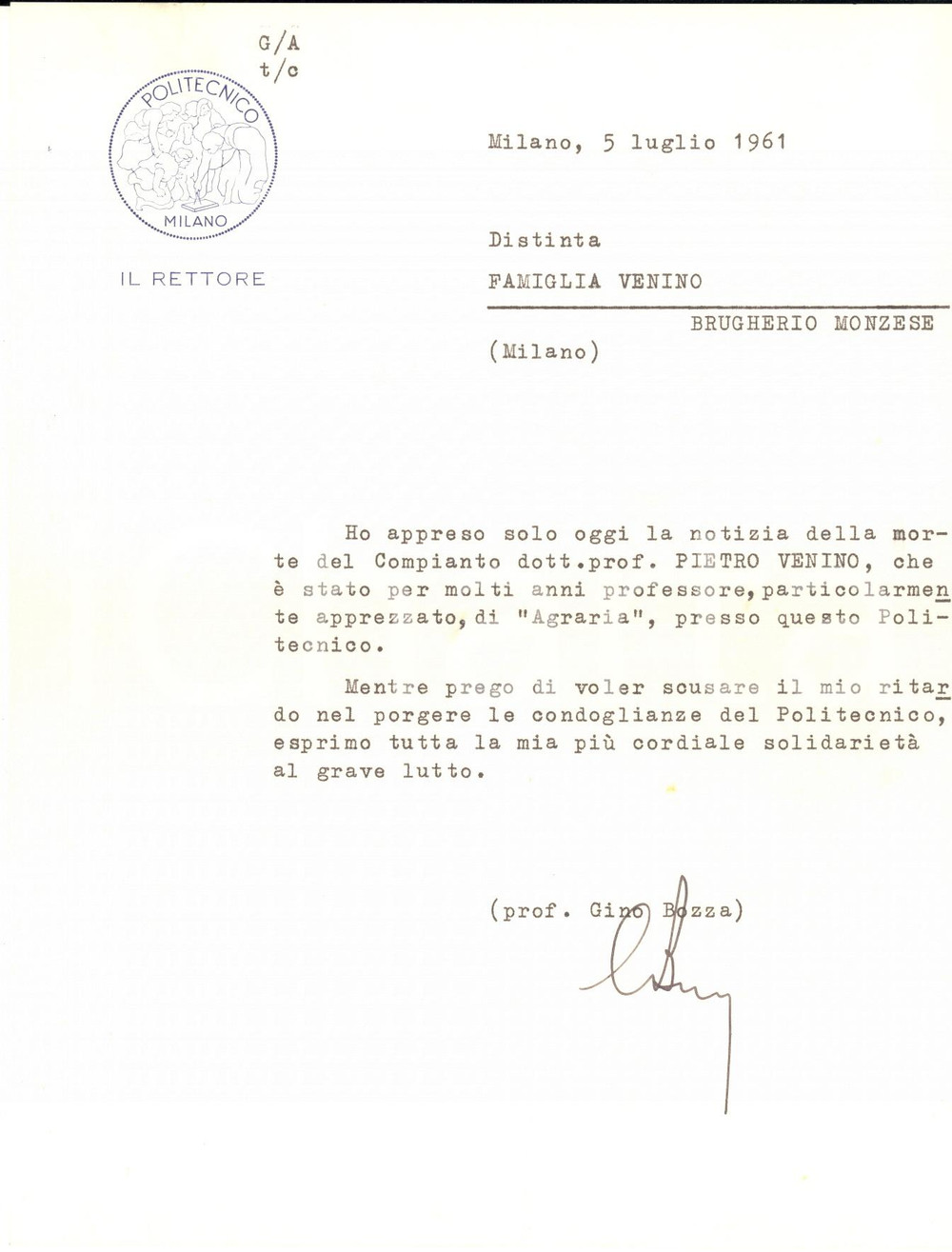 1961 MILANO POLITECNICO Lettera rettore Gino BOZZA per condoglianze - AUTOGRAFO