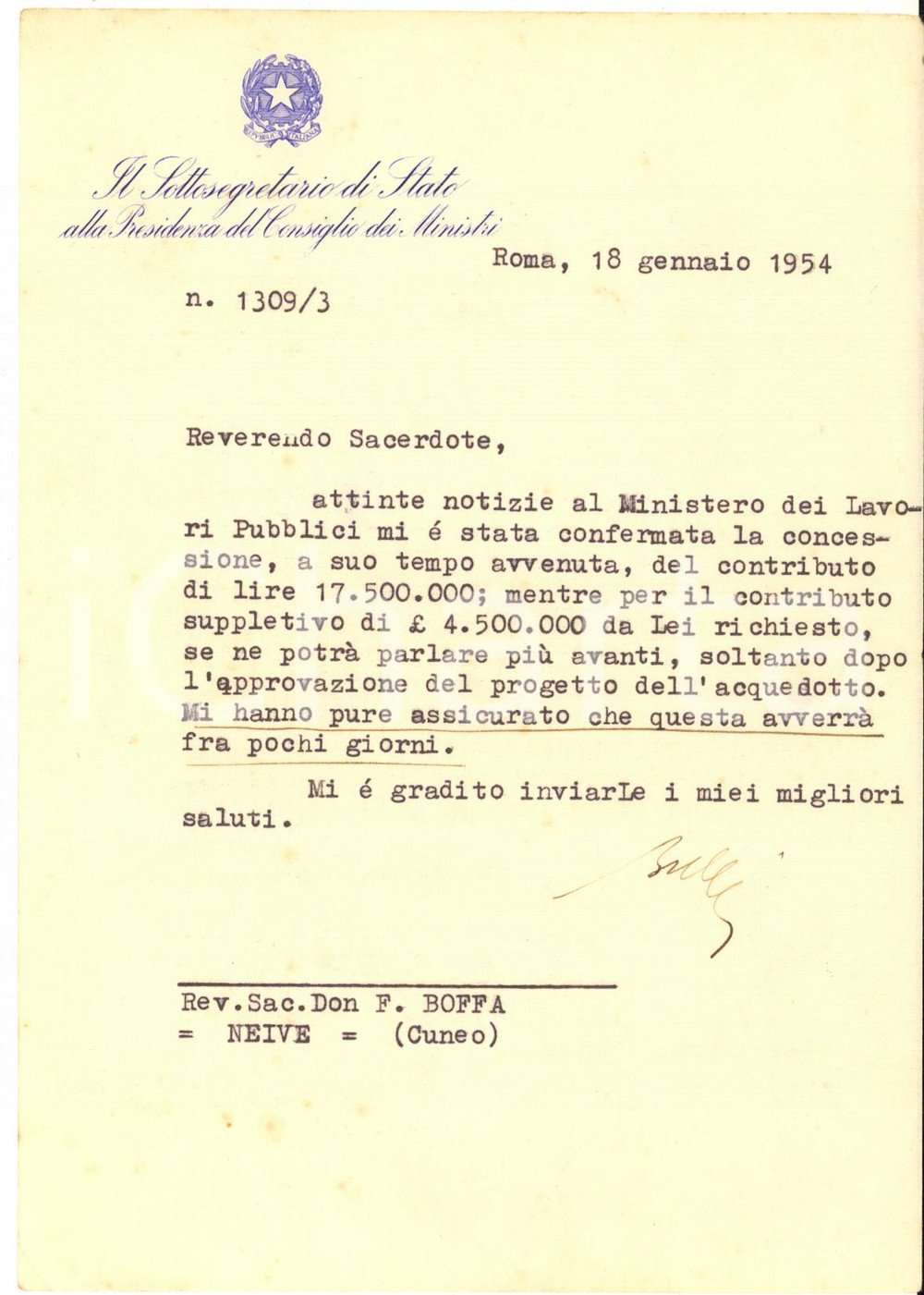 1954 ROMA Lettera Teodoro BUBBIO per progetto acquedotto - AUTOGRAFO