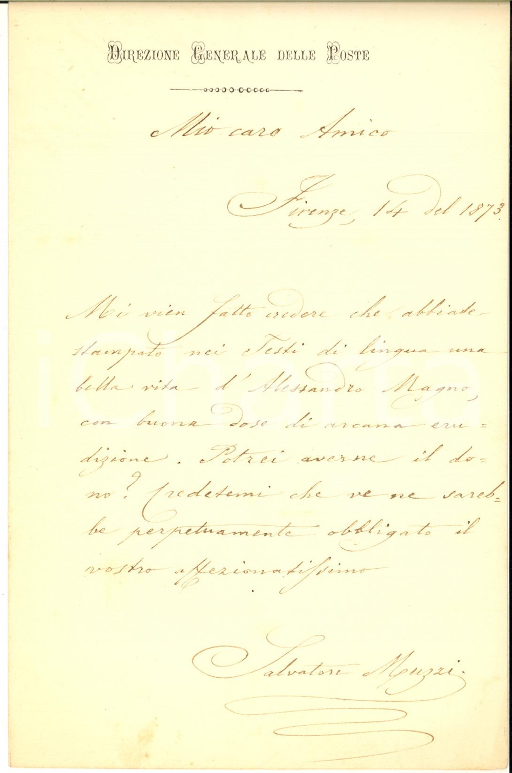 1873 FIRENZE Salvatore MUZZI chiede testo su Alessandro Magno - AUTOGRAFO