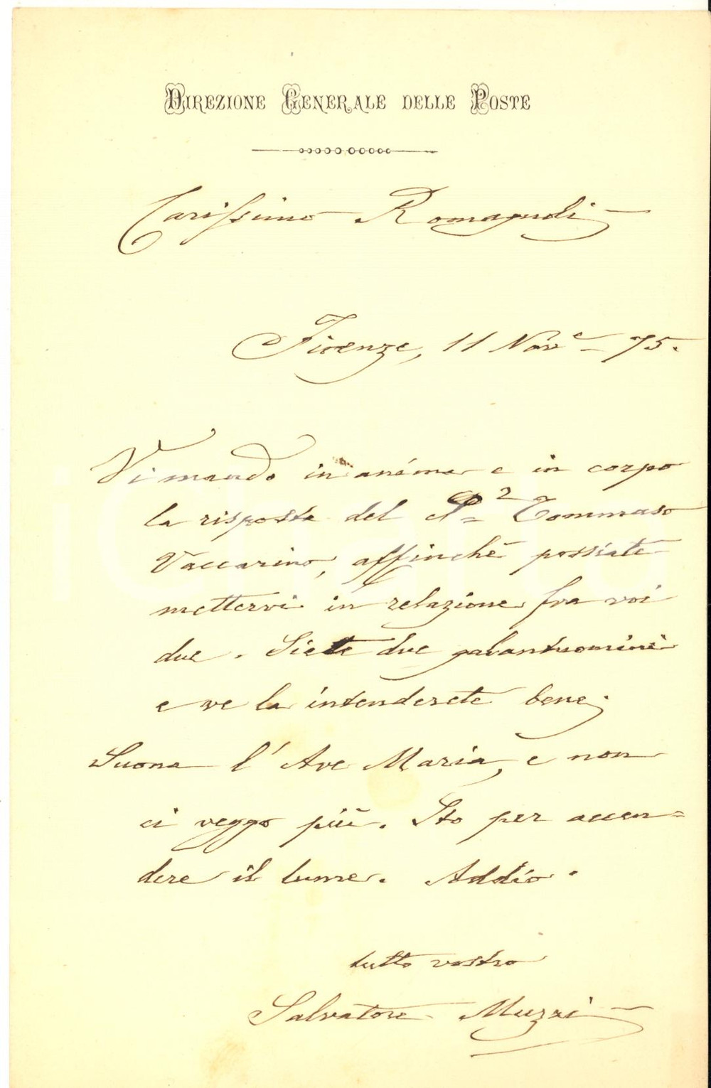 1875 FIRENZE Lettera Salvatore MUZZI - Direzione Generale Poste - AUTOGRAFO