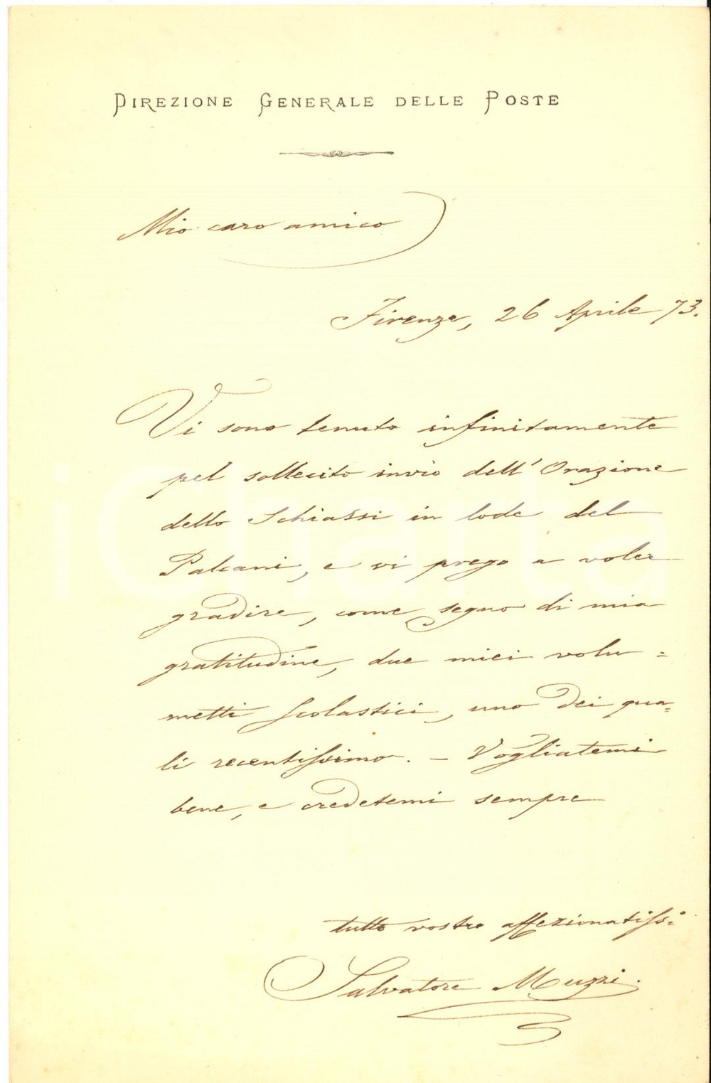 1873 FIRENZE Salvatore MUZZI invia i propri "volumetti scolastici" - AUTOGRAFO