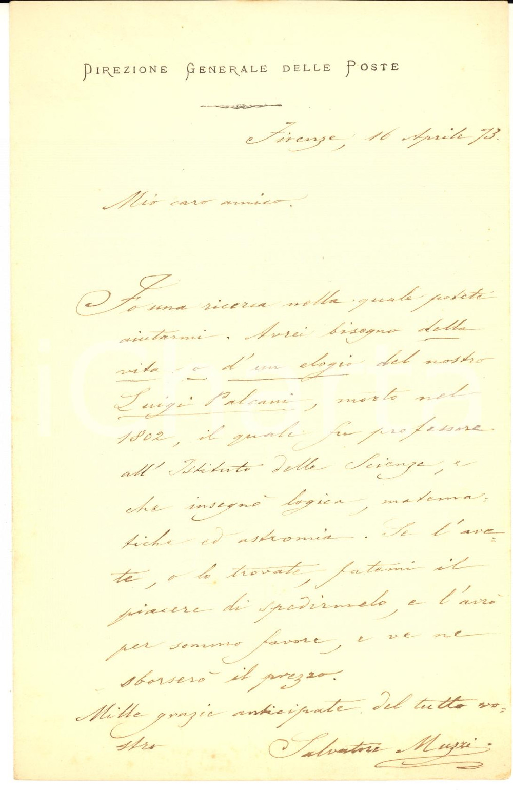 1873 FIRENZE Salvatore MUZZI chiede elogio di Luigi Palcani - AUTOGRAFO