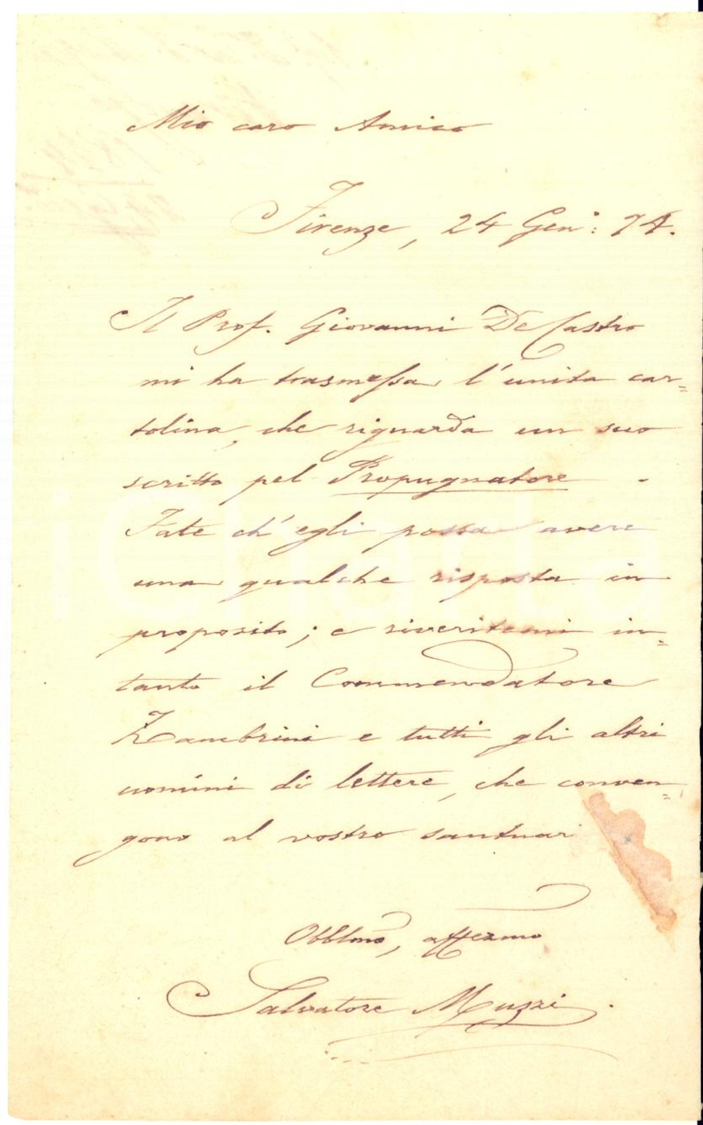 1874 FIRENZE Lettera Salvatore MUZZI pro autore Giovanni DE CASTRO - AUTOGRAFO