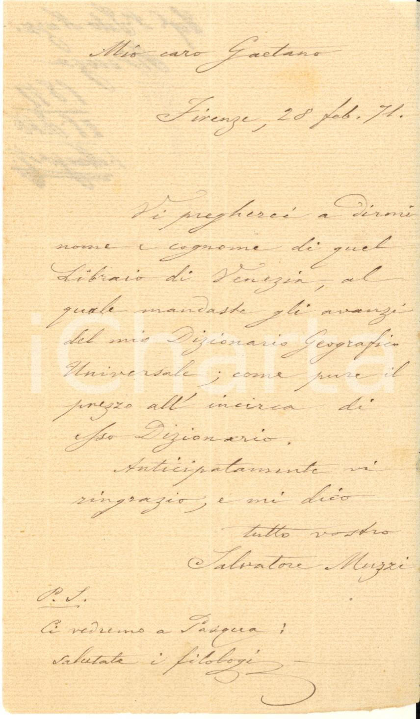 1871 FIRENZE Salvatore MUZZI per Dizionario Geografico Universale - AUTOGRAFO