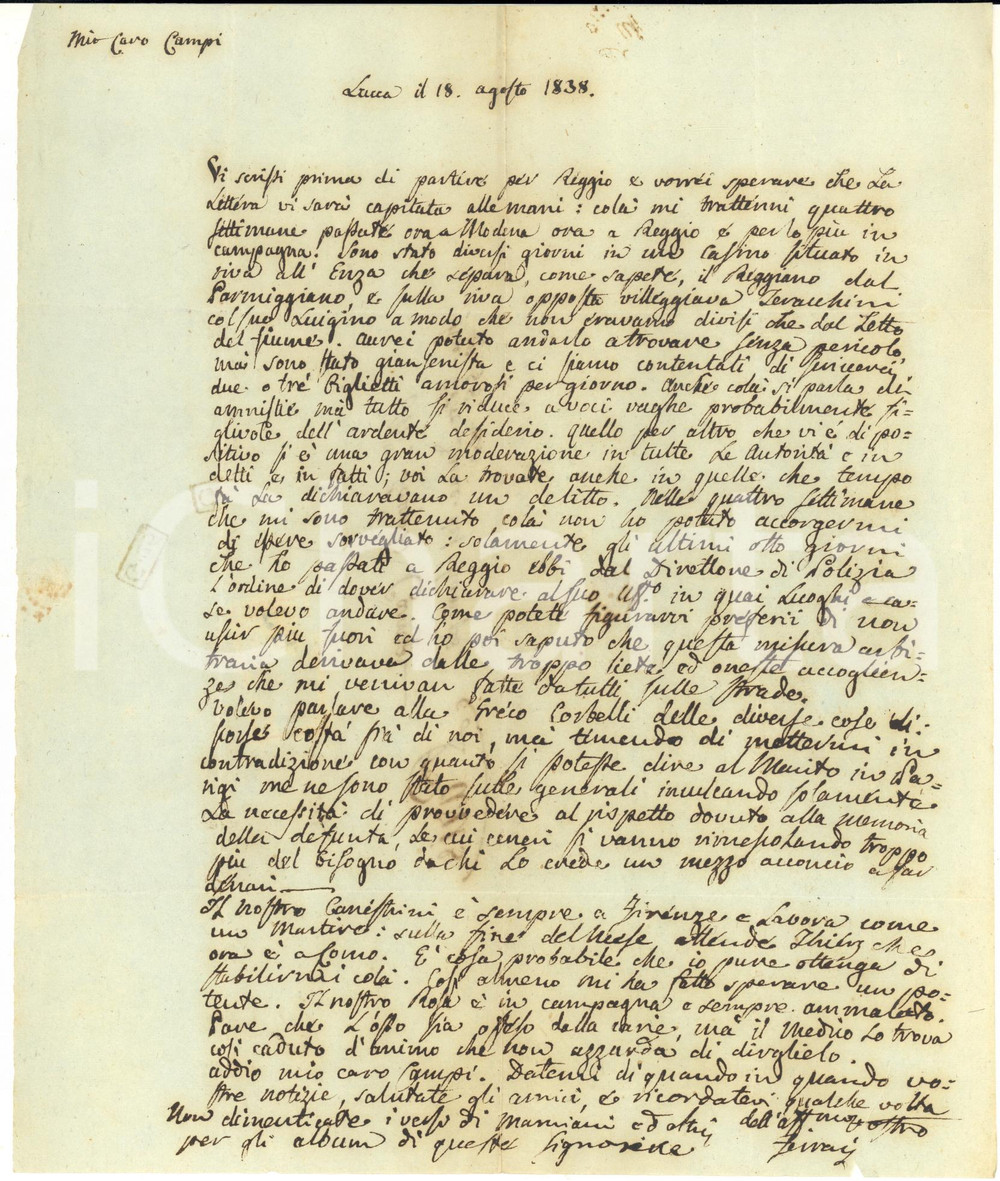 1838 LUCCA Filosofo Giuseppe FERRARI sorvegliato dalla polizia - AUTOGRAFO