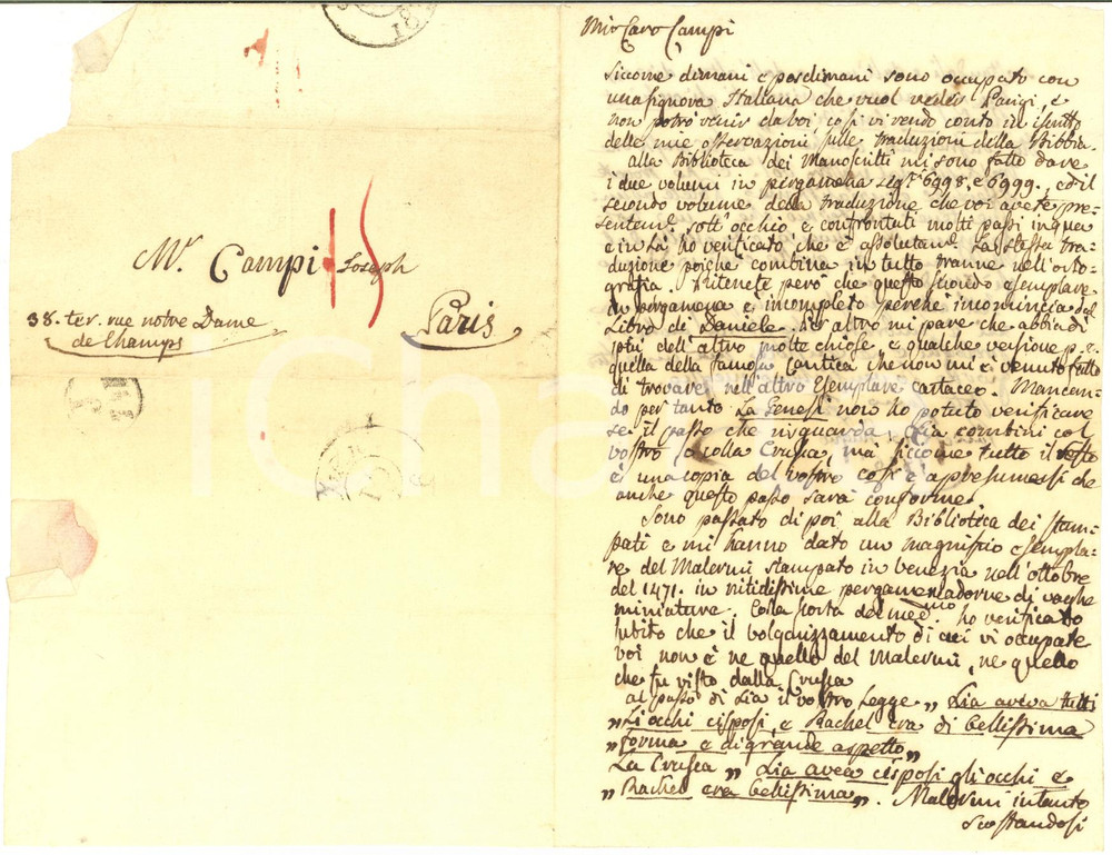 1836 PARIS Lettera Giuseppe FERRARI sulle traduzioni della Bibbia - AUTOGRAFO
