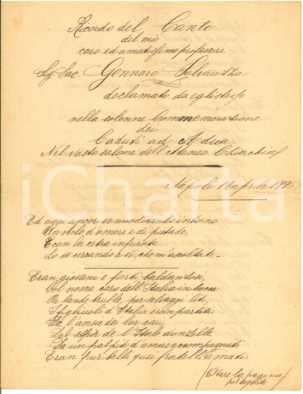 1896 NAPOLI Canto di Gennaro SALVAREZZO declamato per i Caduti di Adua