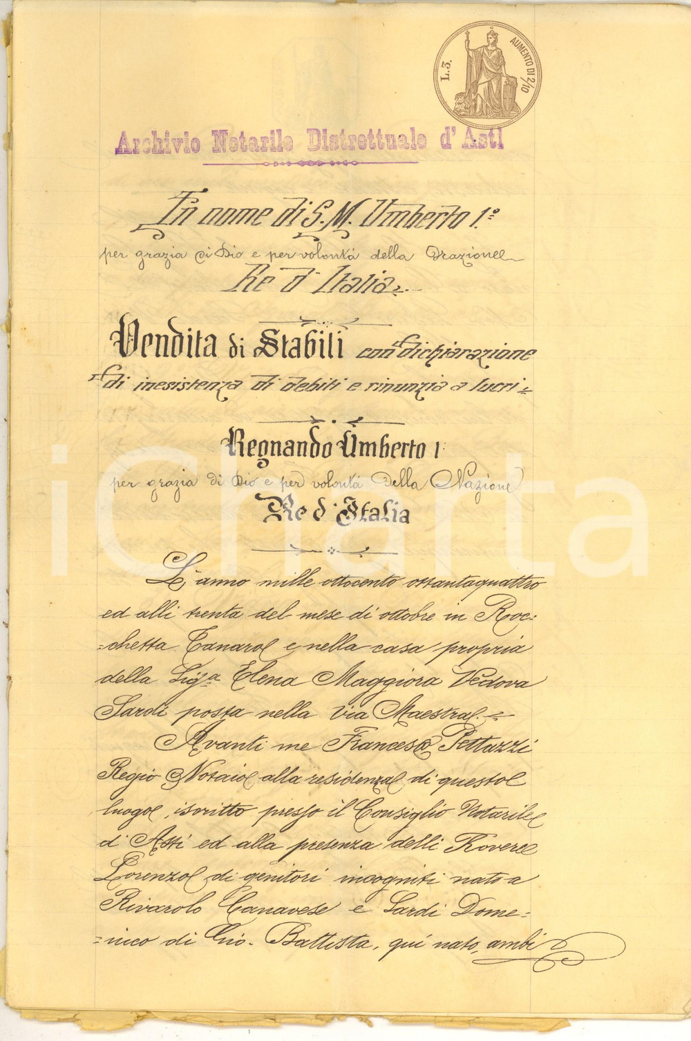 1884 CORTIGLIONE Celestino GREA vende a Emilio DRAGO vigne località PIANLEVARO