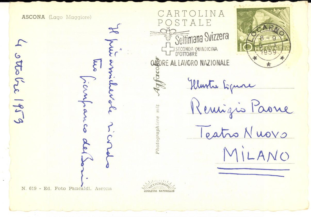 1959 ASCONA Cartolina Gianfranco DE BOSIO a Remigio PAONE - AUTOGRAFA