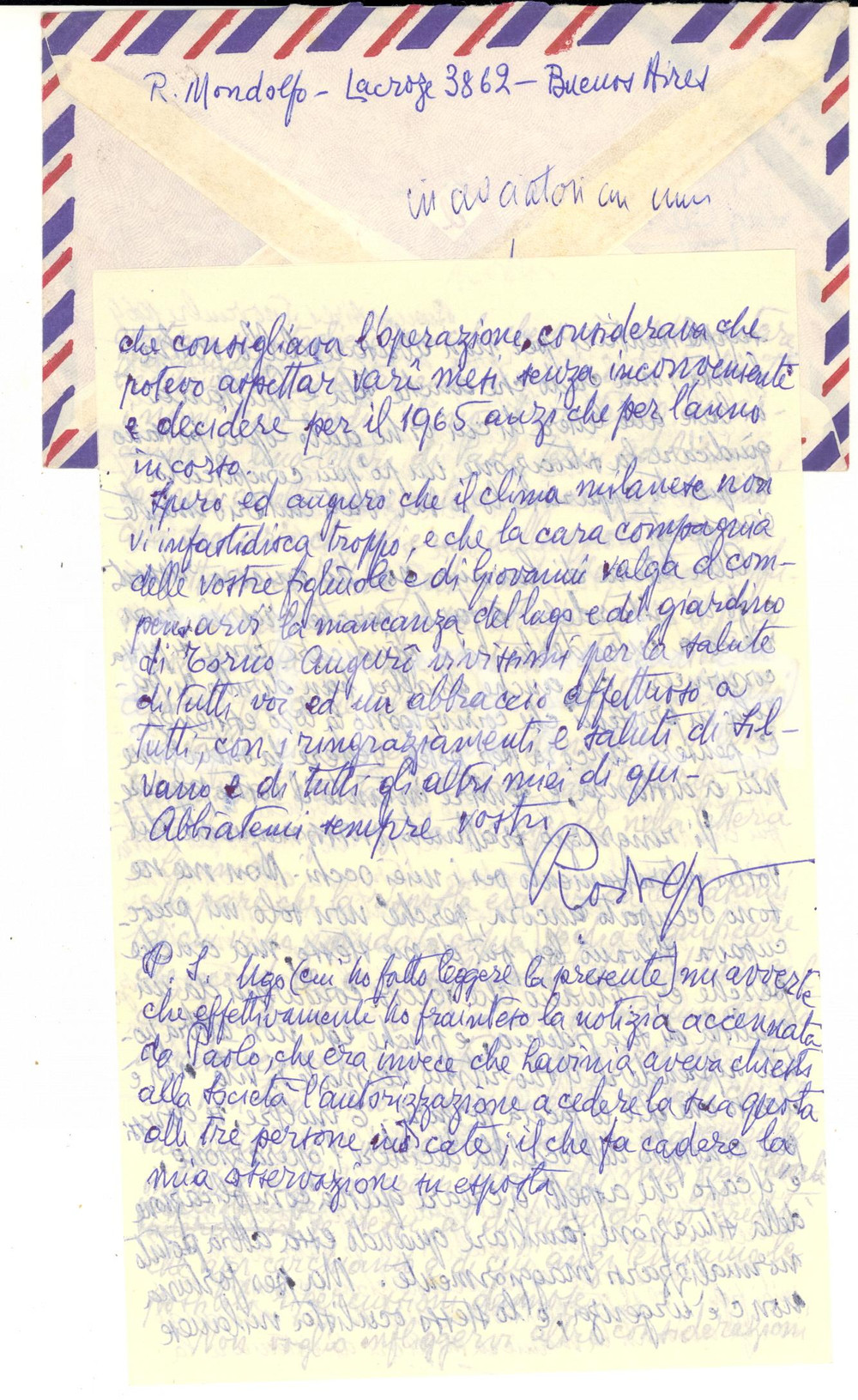 1964 BUENOS AIRES Lettera Rodolfo MONDOLFO su questioni familiari *AUTOGRAFO