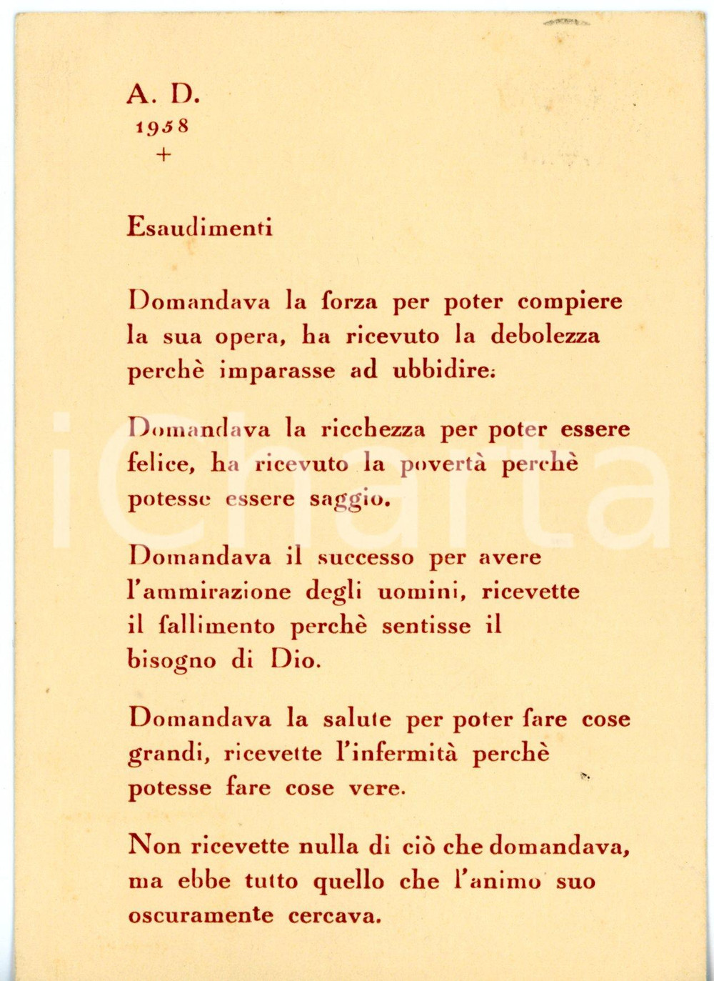 1958 BERGAMO Carlo LUPO - Preghiera "Esaudimenti" *Cartolina VIAGGIATA