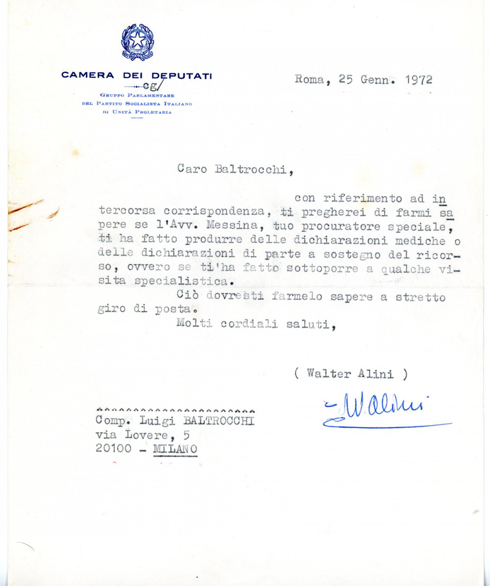 1972 ROMA On. Walter ALINI per documentazione ricorso - Lettera con AUTOGRAFO