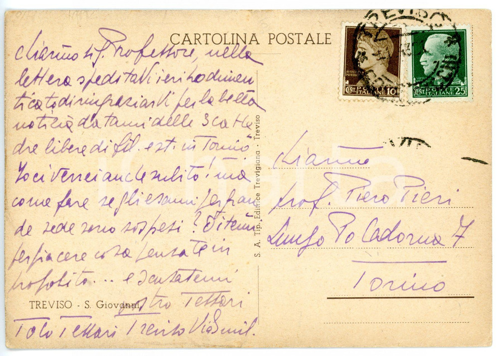 1950 ca TREVISO Teodolfo Toto TESSARI "Tre cattedre libere a Torino" AUTOGRAFO