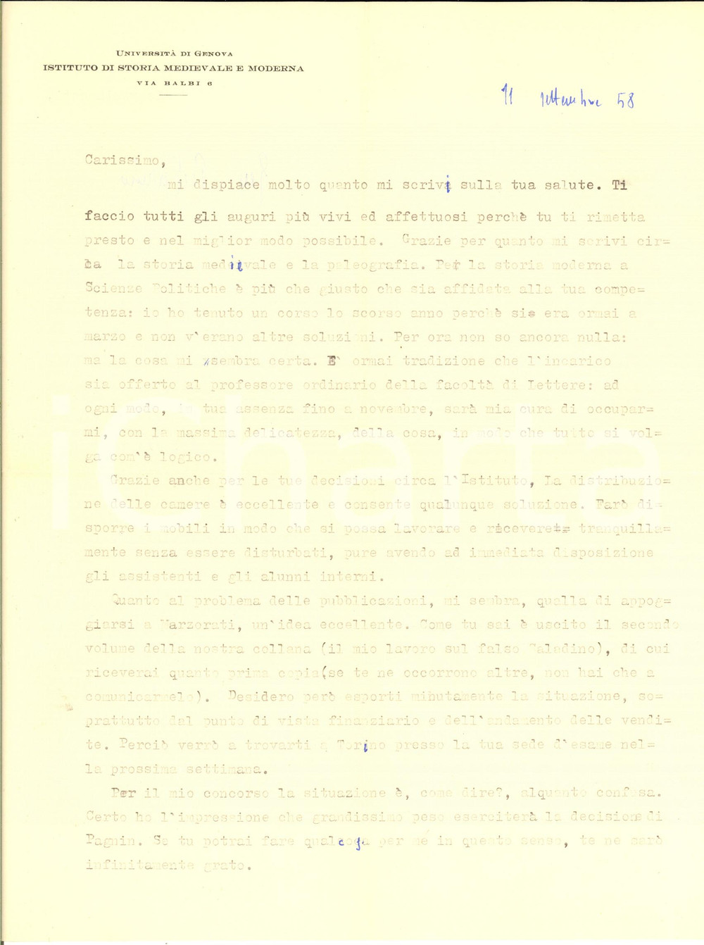 1958 UNIVERSITA' DI GENOVA Lettera Geo PISTARINO per affidamento - AUTOGRAFO