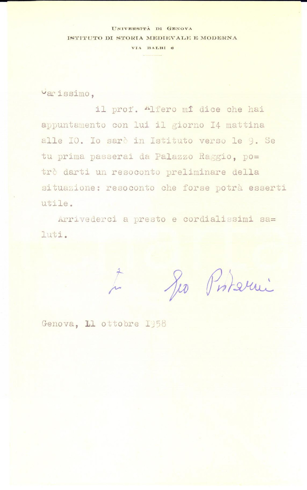 1958 UNIVERSITA' DI GENOVA Lettera Geo PISTARINO per appuntamento - AUTOGRAFO