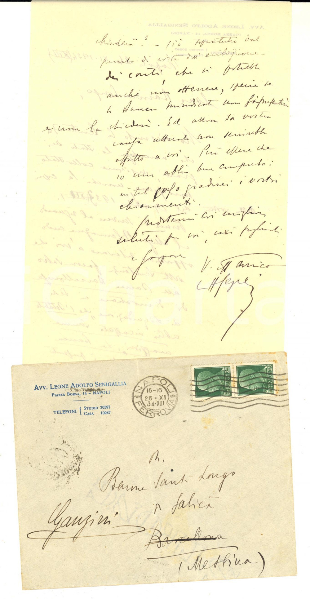 1934 NAPOLI Lettera avv. Leone Adolfo SENIGALLIA per sentenza - AUTOGRAFO