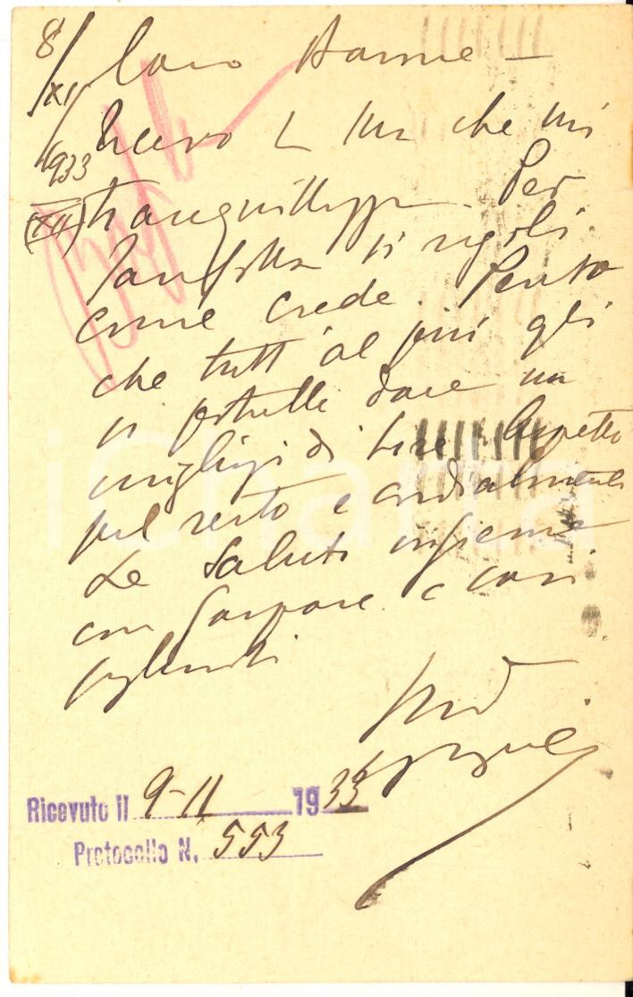 1933 NAPOLI Cartolina avv. Leone Adolfo SENIGALLIA per saldo - AUTOGRAFO