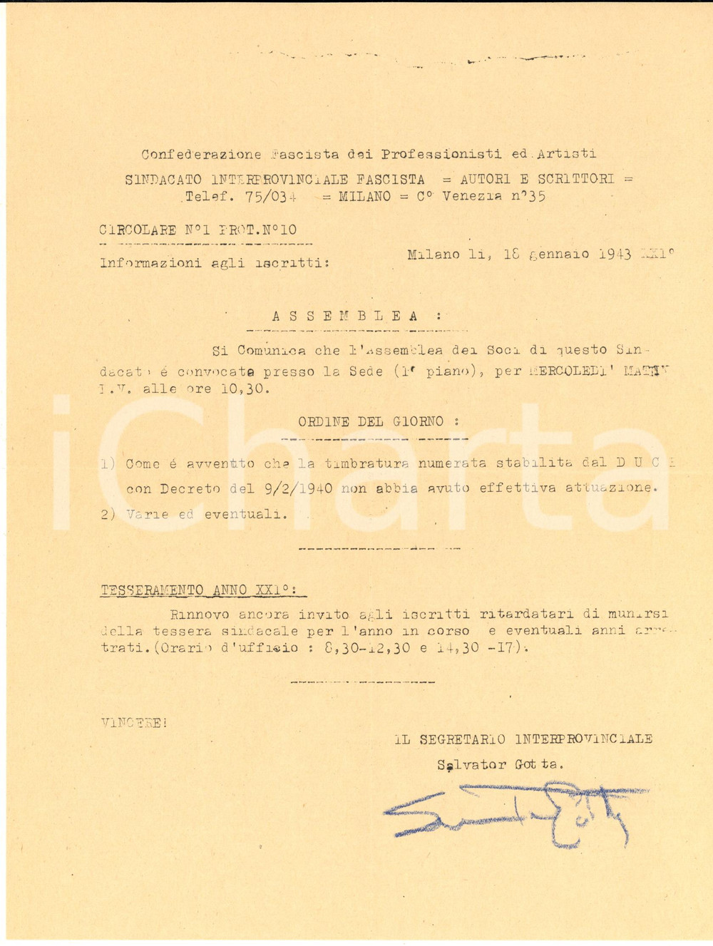 1943 MILANO Autografo Salvator GOTTA su lettera Sindacato Fascista Autori