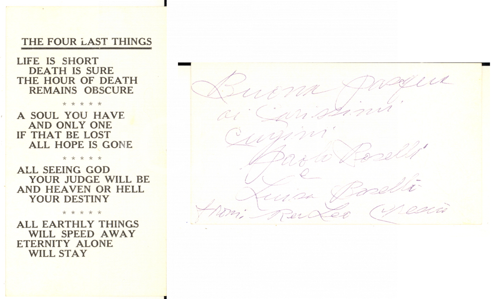 1960 ca Rev. Leo CRESCIO - "The four last things" - Biglietto auguri AUTOGRAFO