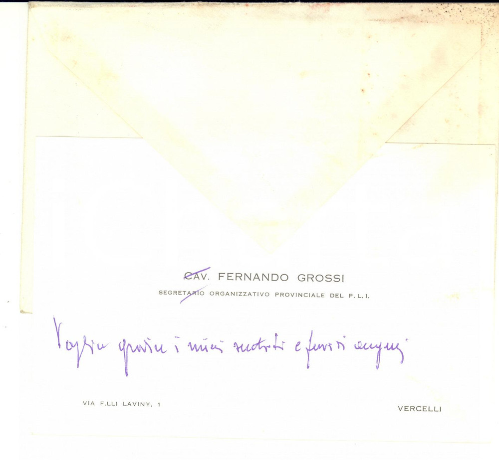 1969 VERCELLI Fernando GROSSI - Segretario Provinciale PLI - Biglietto AUTOGRAFO
