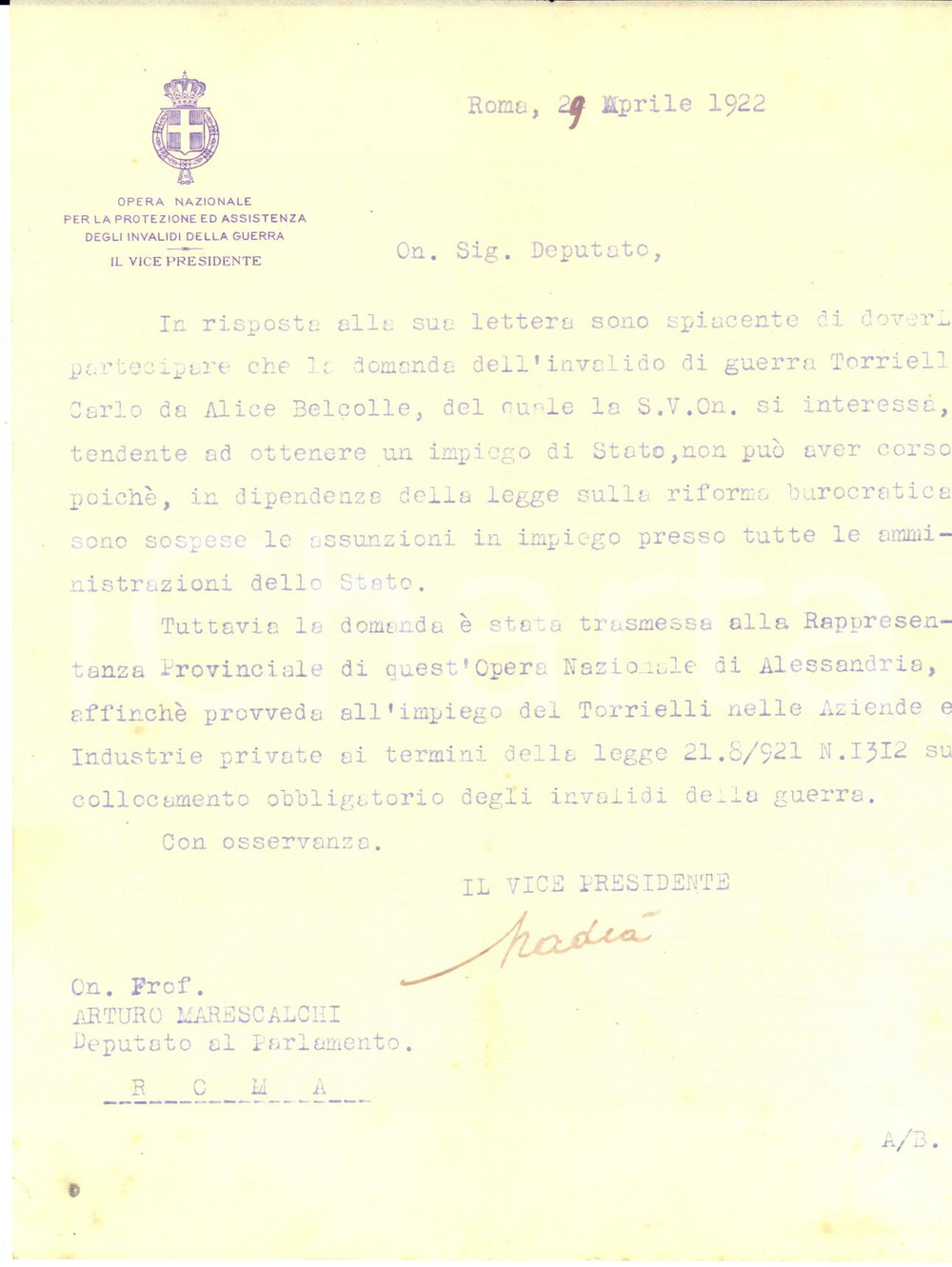 1922 ROMA Opera Nazionale Invalidi Guerra - Vicepresidente MADIA - AUTOGRAFO