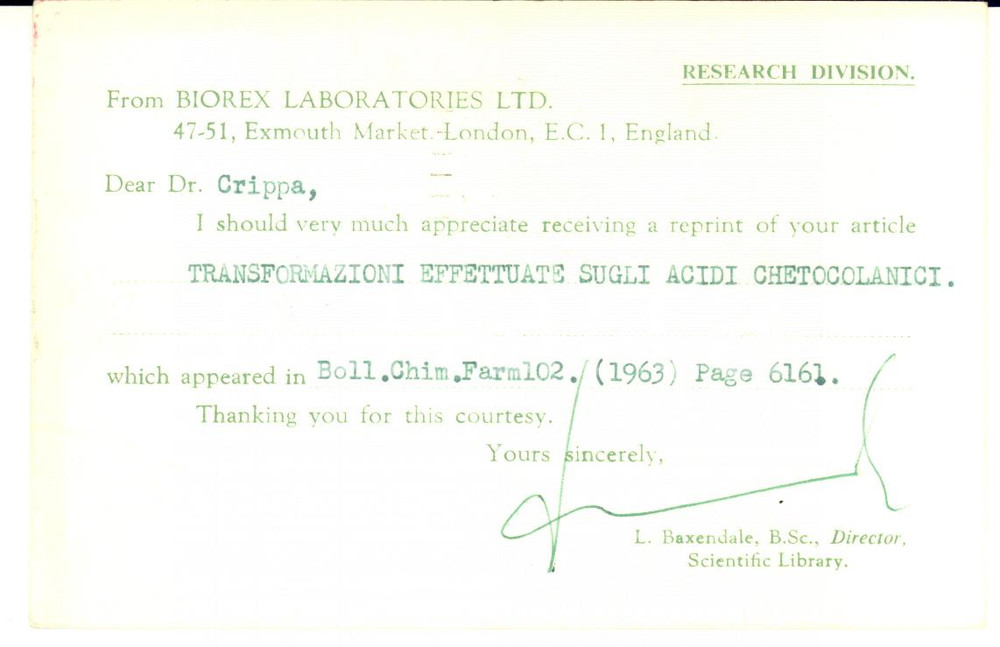 1963 LONDON BIOREX Laboratoratories - Lily BAXENDALE signed postcard FP VG