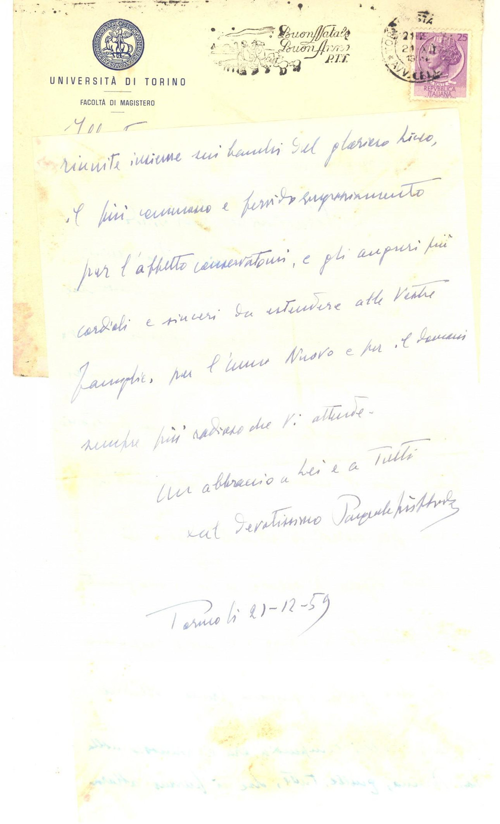 1959 TORINO Lettera prof. Pasquale GIUFFRIDA per ringraziamento - AUTOGRAFO