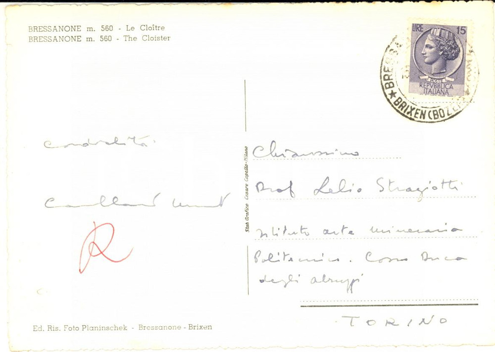 1967 BRESSANONE Cartolina Augusto CAVALLARI MURAT architetto - AUTOGRAFO