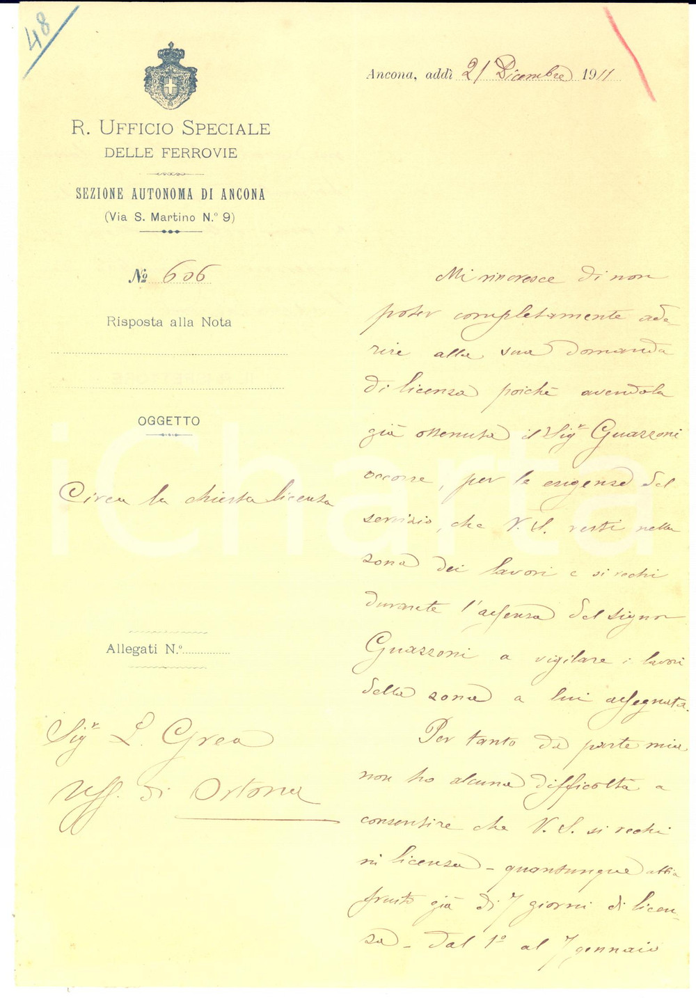 1911 ANCONA Ufficio FERROVIE Rifiuto di una licenza a Luigi GREA - Lettera