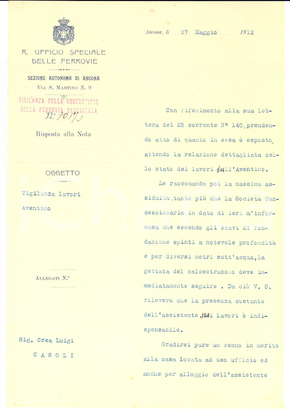 1912 ANCONA Ufficio FERROVIE Lettera per lavori urgenti di scavo sull'Aventino