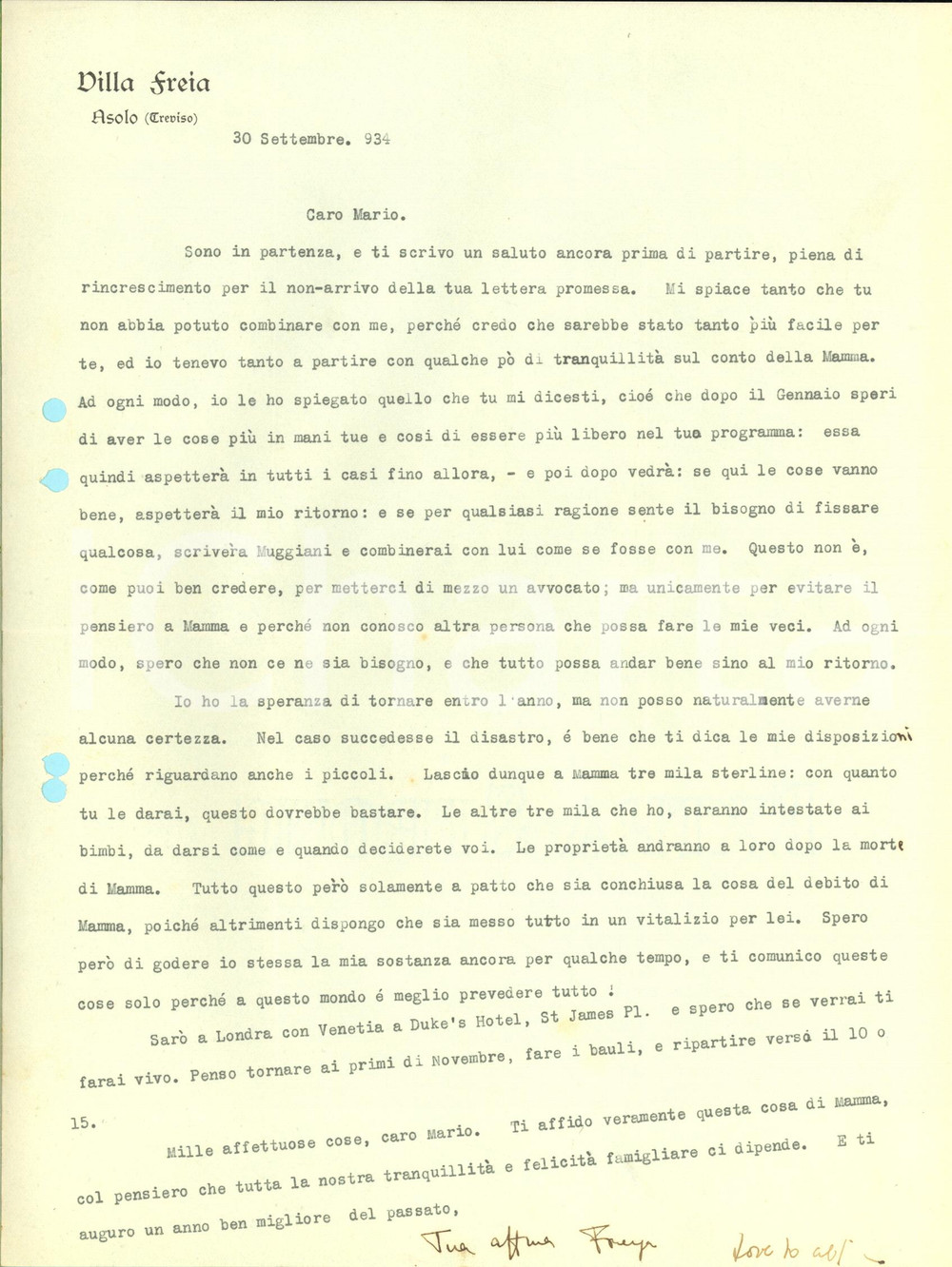 1934 ASOLO Lettera Freya STARK per donazione in caso di disgrazia - Autografo