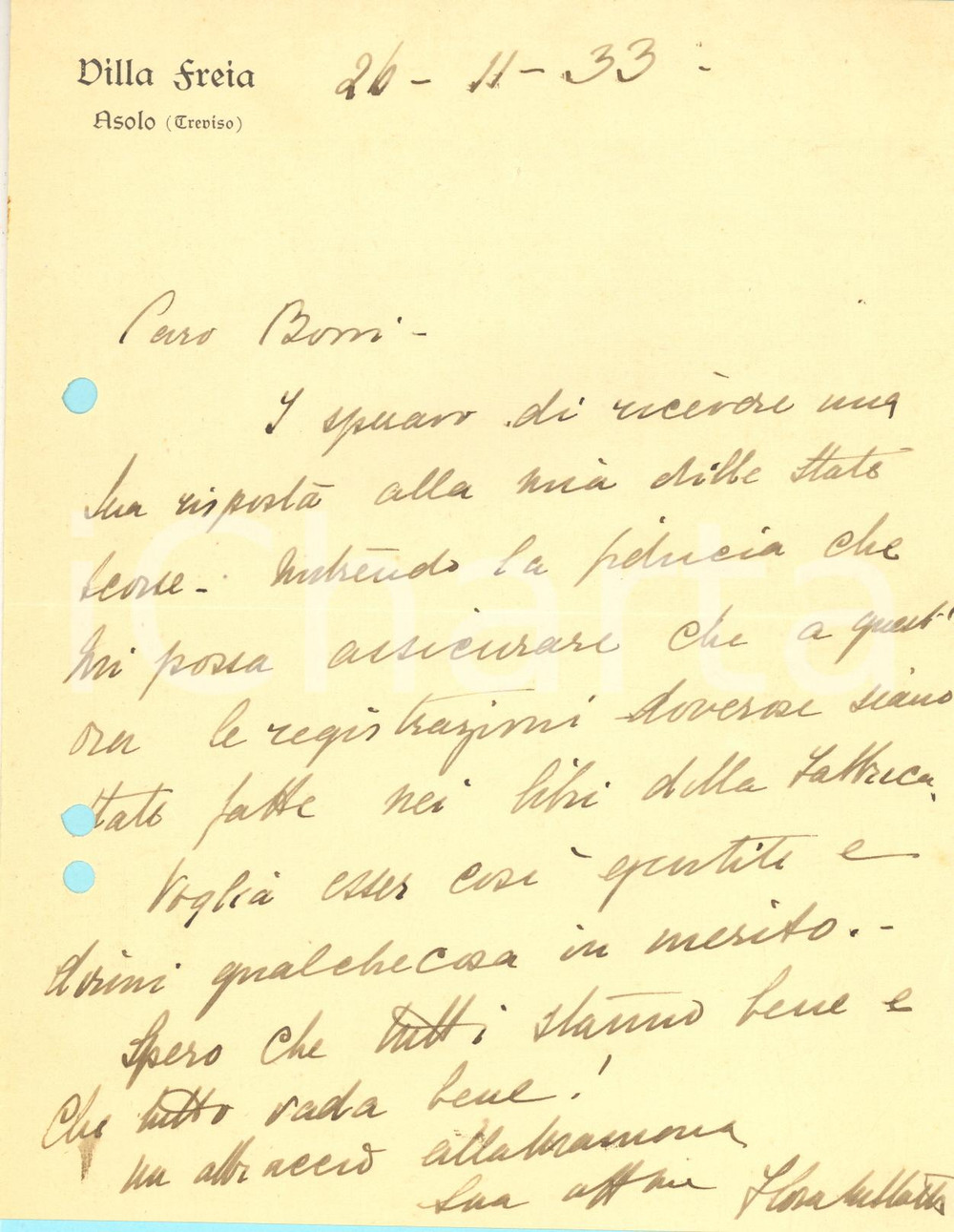 1933 ASOLO Villa FREYA Lettera pittrice Flora STARK per registrazioni *Autografo