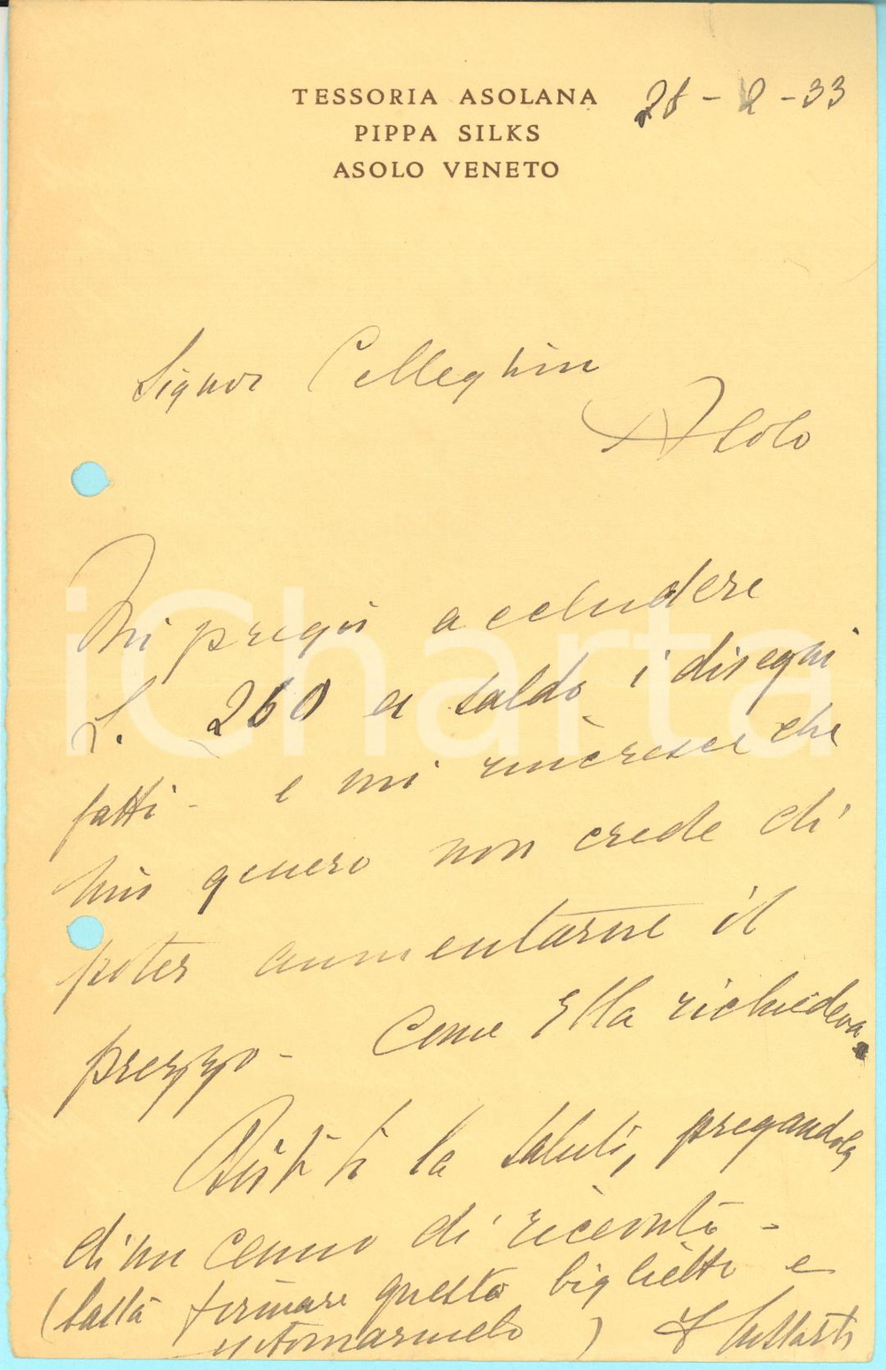 1933 ASOLO Lettera pittrice Flora STARK a Orazio Celeghin per disegni *AUTOGRAFO