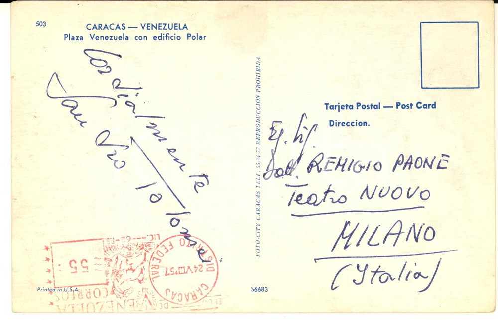 1957 CARACAS Cartolina impresario Sandro TOLOMEI a Remigio PAONE - AUTOGRAFO
