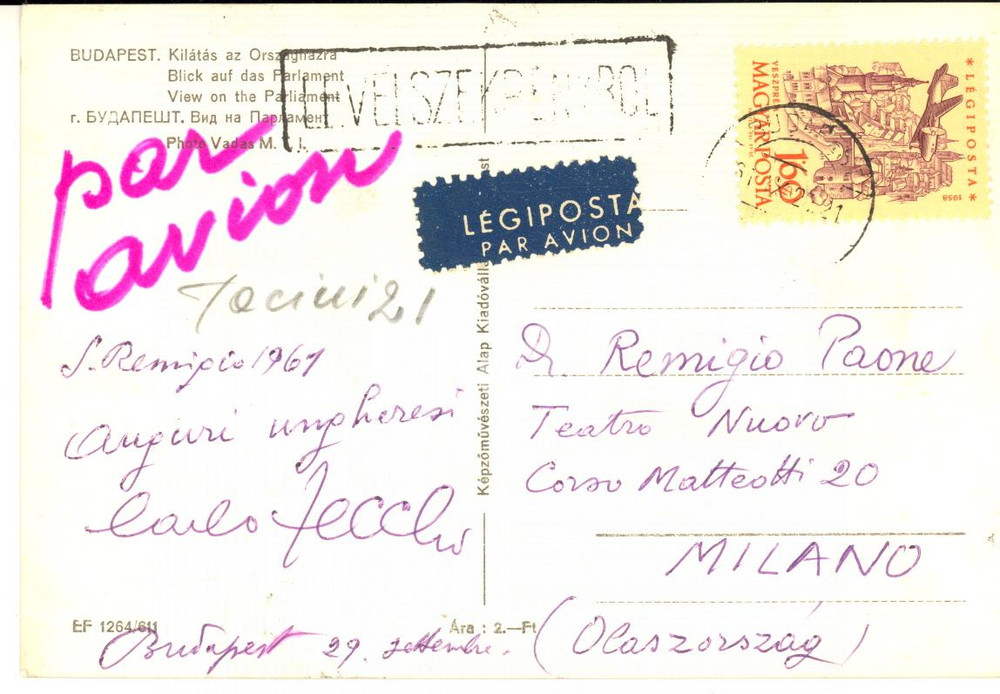 1961 BUDAPEST Cartolina pianista Carlo ZECCHI a Remigio PAONE - AUTOGRAFO