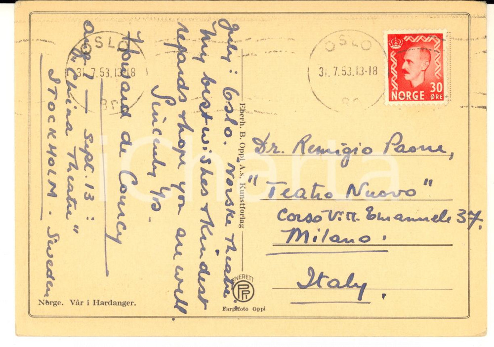 1953 STOCKHOLM Magician Howard DE COURCY - AUTOGRAPH postcard to Remigio PAONE